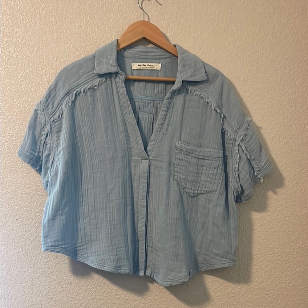 We The Free Blue Relaxed Crop Button Down Shirt